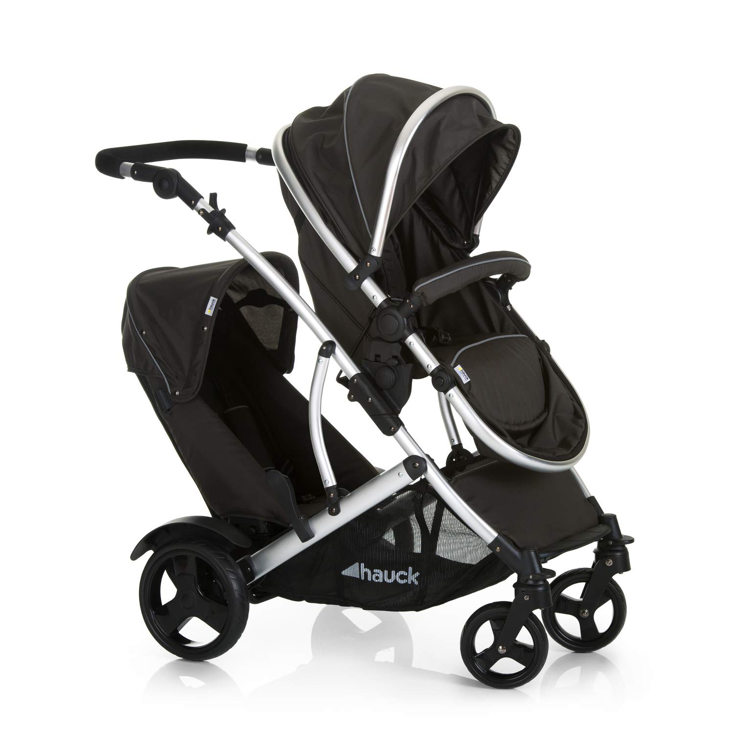 Hauck duet 2 double stroller for brothers of different ages, baby carry-on bag convertible into reversible seat, low detachable seat, height-adjustable handlebar, black forest