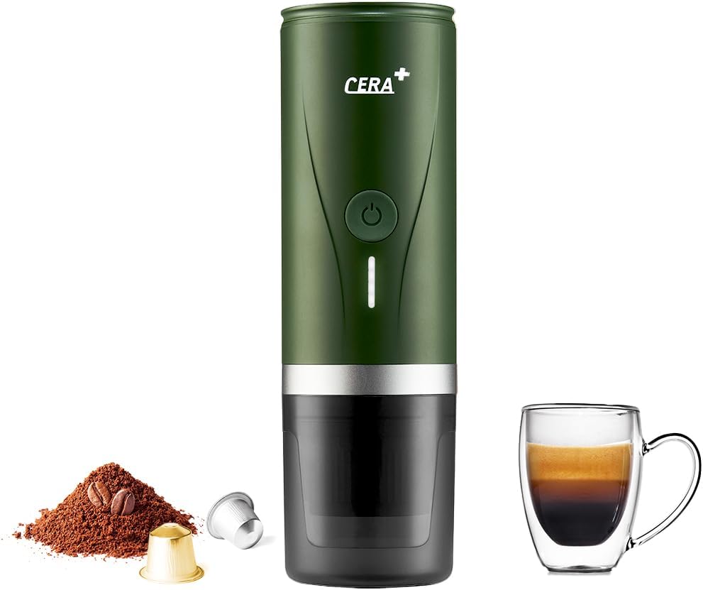 CERA+ CERA+ Portable Electric Espresso Machine Auto-heating in 3-4 minutes, Mini Cafeteria of 20 Bars with Rechargeable Battery. Compatible with Cápsulas NS y Café Molido para Viajes y Camping(Green)