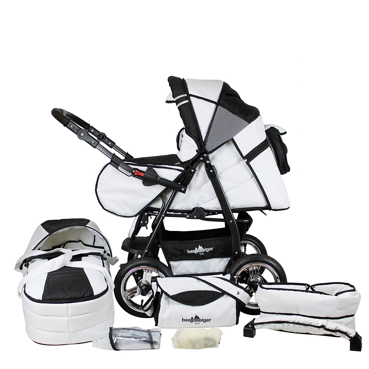 Bergsteiger Rio Combi Pushchair + Soft Carry Bag + Changing Bag (10 Pieces) Colour: Black & White