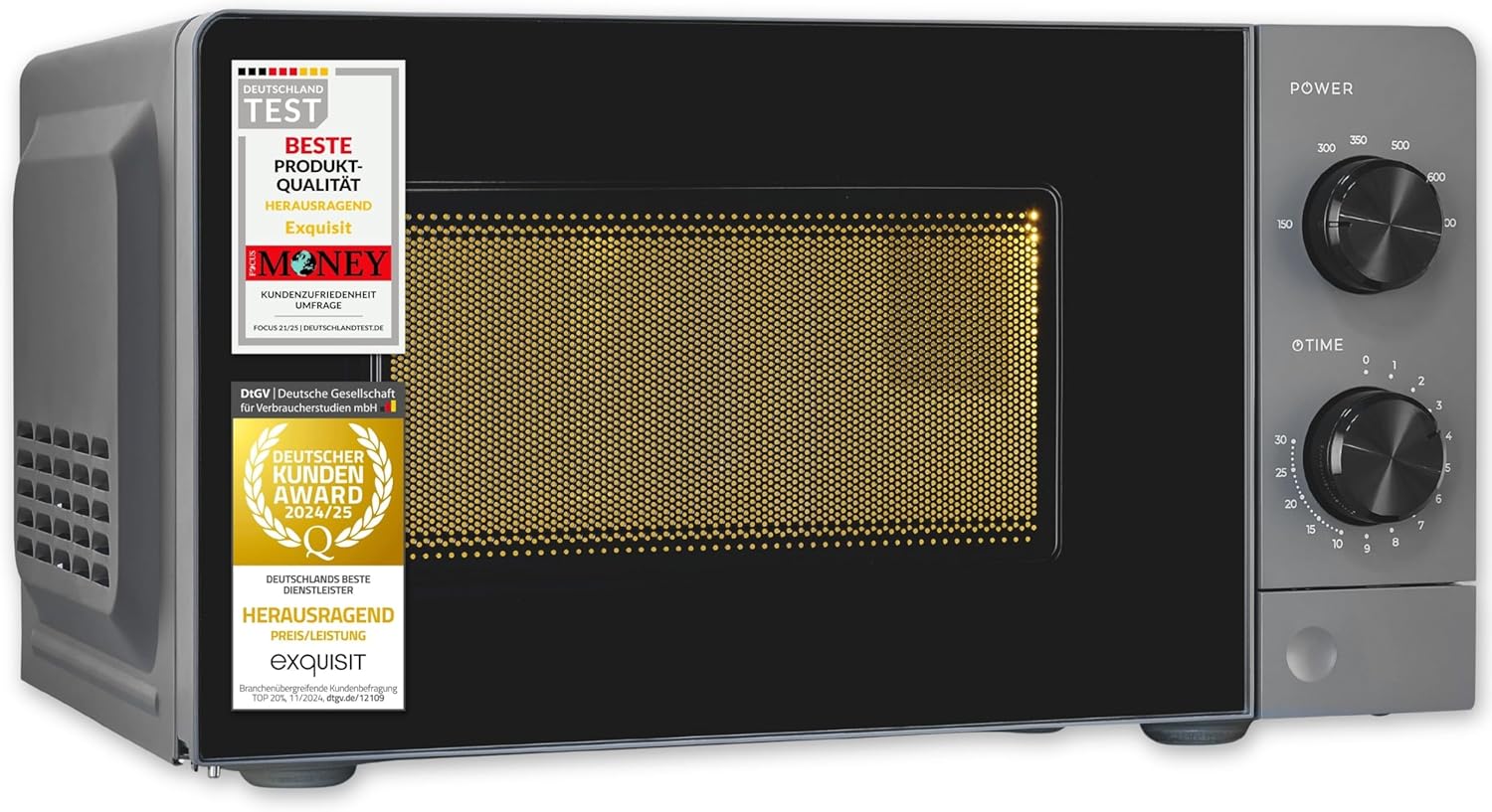 Exquisit Microwave | 20 L Cooking Chamber, 700 W Power, 6 Power Levels, Standing Device, Defrosting Program, Manual Control, Mechanical Timer, Interior Lighting, Glass Turntable | MW850-070 Grey