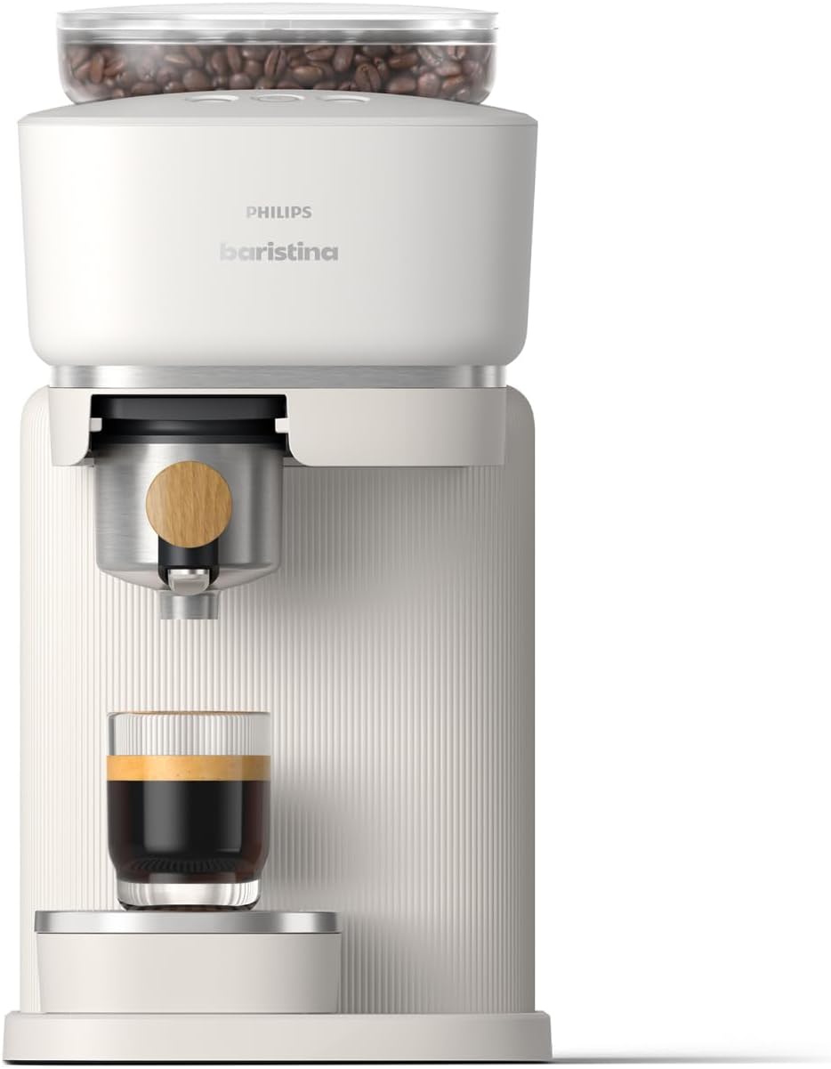 Philips Baristina Espresso Machine - Real Espresso, Made Simple. Compact Coffee Machine, Natural White with Ash Wood Filter Holder, 16 Bar Pump Pressure, Automatic Grinder, Cafe Crema (BAR302/20)