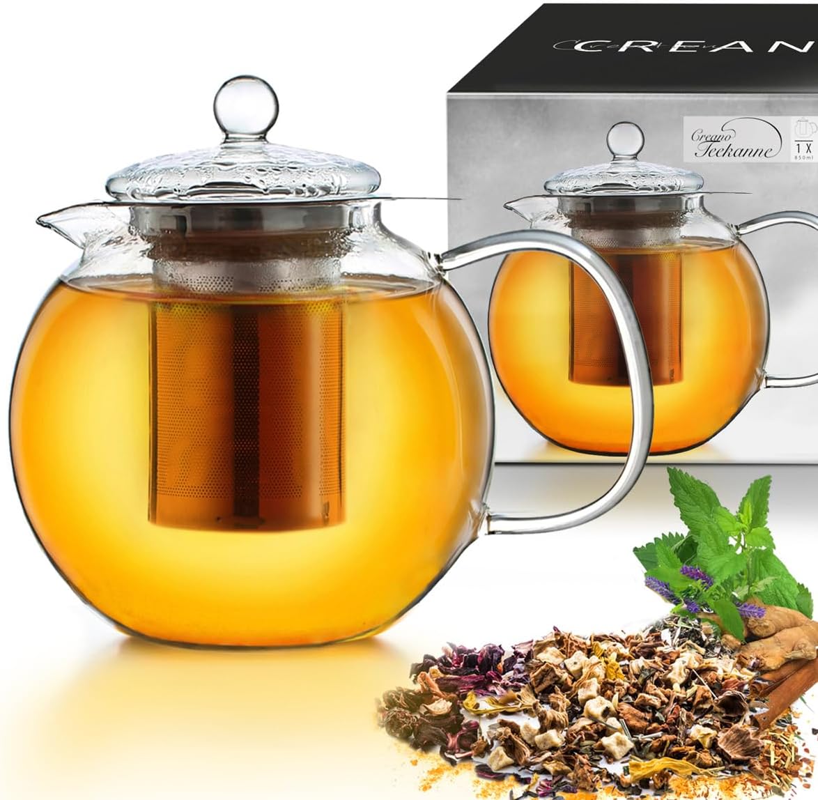 Creano Glass Teapot 1.7 L 3-Part Tea Maker with Integrated Stainless Steel Strainer and Glass Lid, Ideal for Making Loose Teas, Drip Free, All-in-One