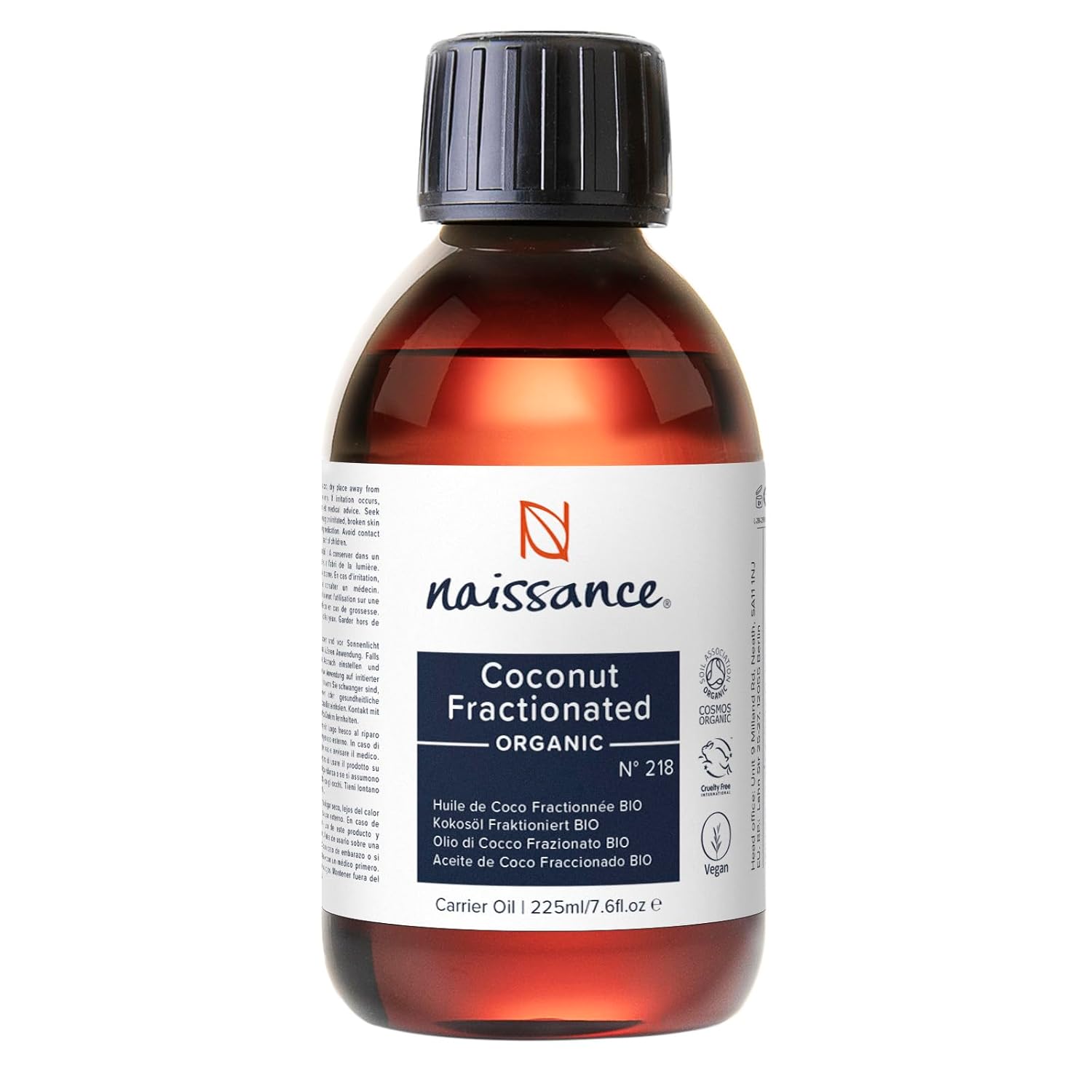 Naissance Organic Fractionated Coconut Oil (No. 218) – 225 ml – Organic Certified, Fractionated, Liquid Coconut Oil for Skin, Cosmetics, Essential Oils