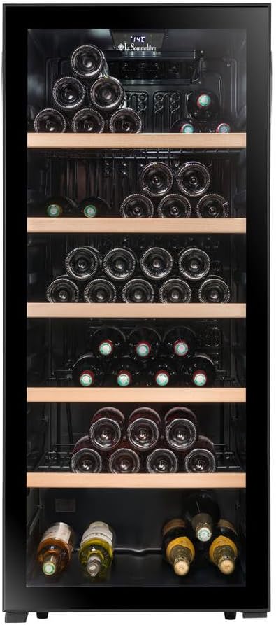 La Sommeliere - LS117BLACK Wine Refrigerator, 121 Bottles, Temperature Control Serving Wine Cabinet, Glass Door Made of UV-Impermeable Glass, Changeable Stop, Temperature Range from 5°C to 20°C,
