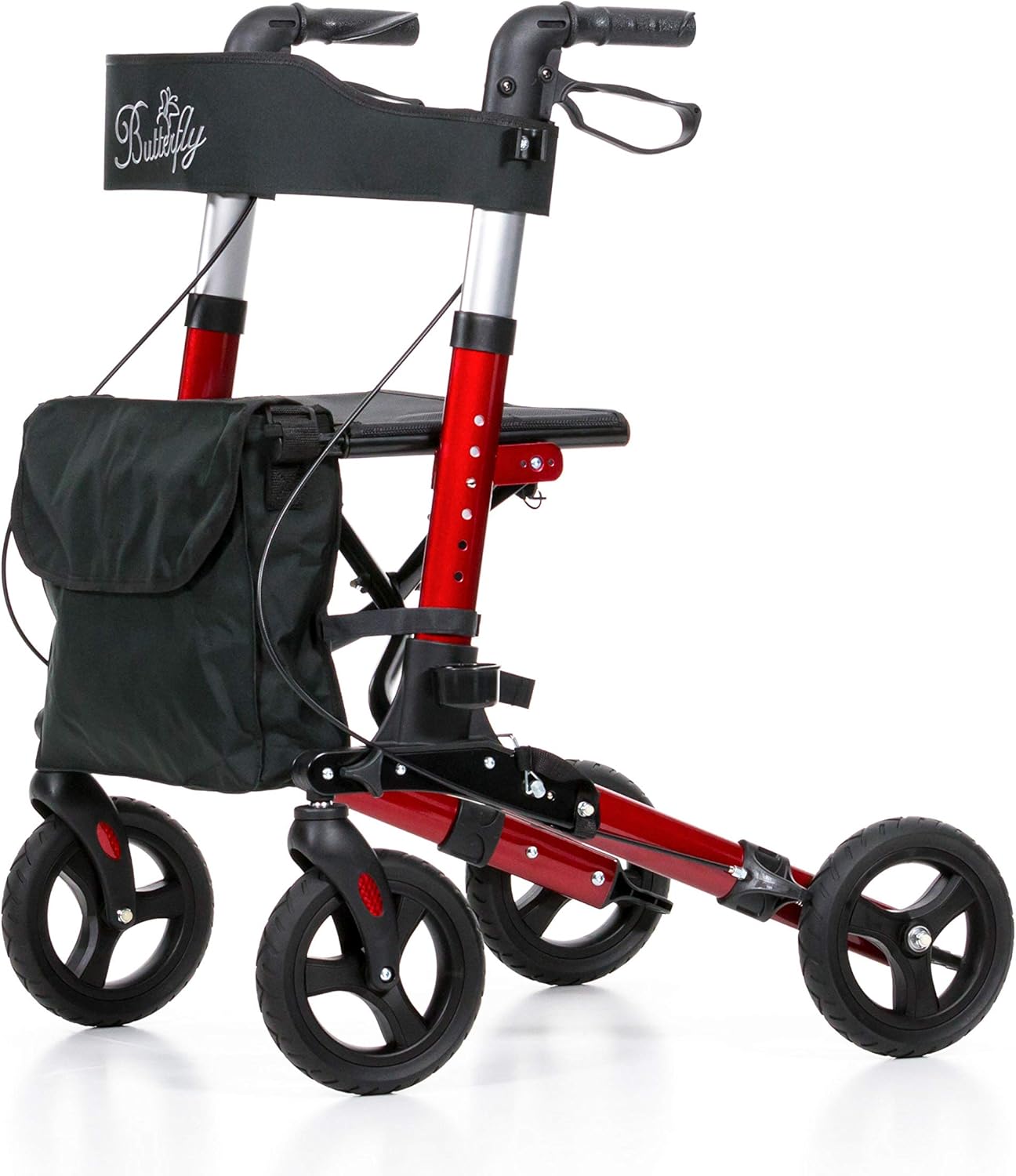 REHASHOP Lightweight Butterfly Rollator Red with Soft Tires and Stick Holder - Foldable and Lightweight