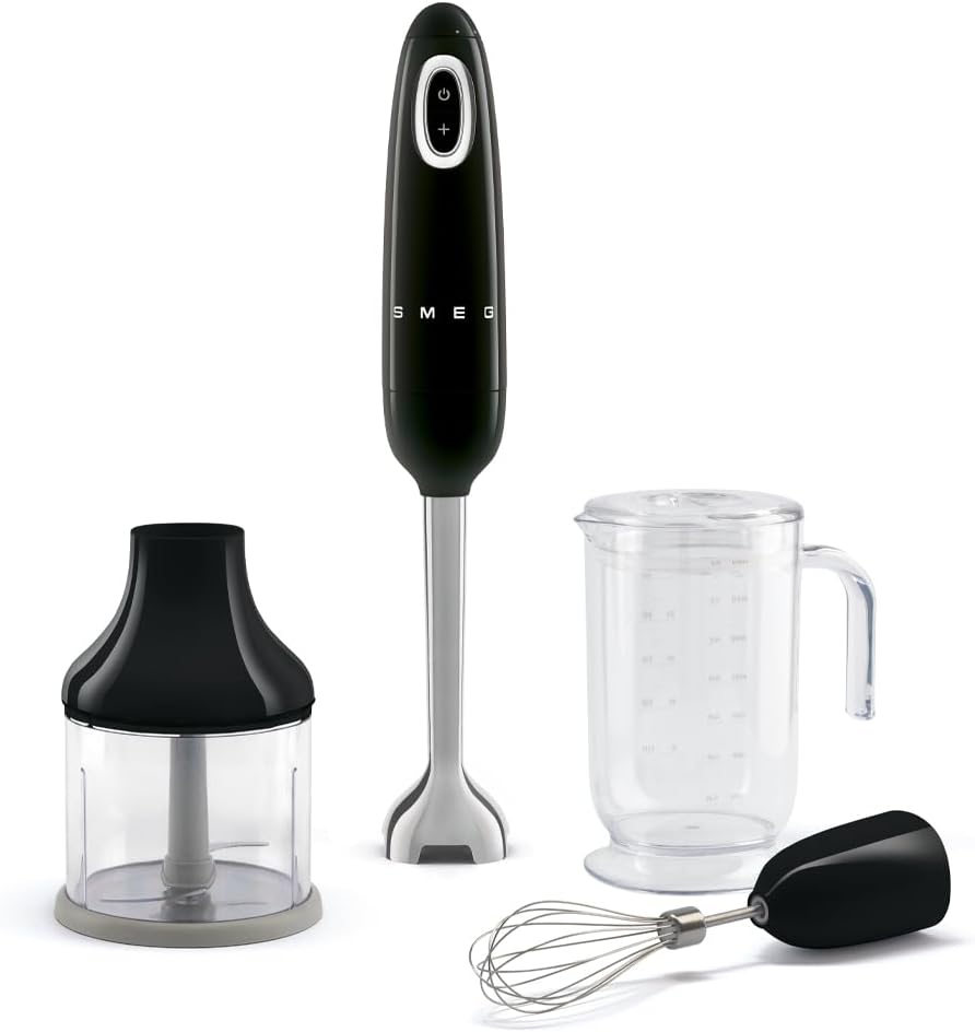 Smeg, HBF03BLEU Hand Blender, Turbo Function and Flowblend Cutting System, with Non-Slip Handle, Integrated Cable Winder, Includes Accessories, 700 W Power, Black