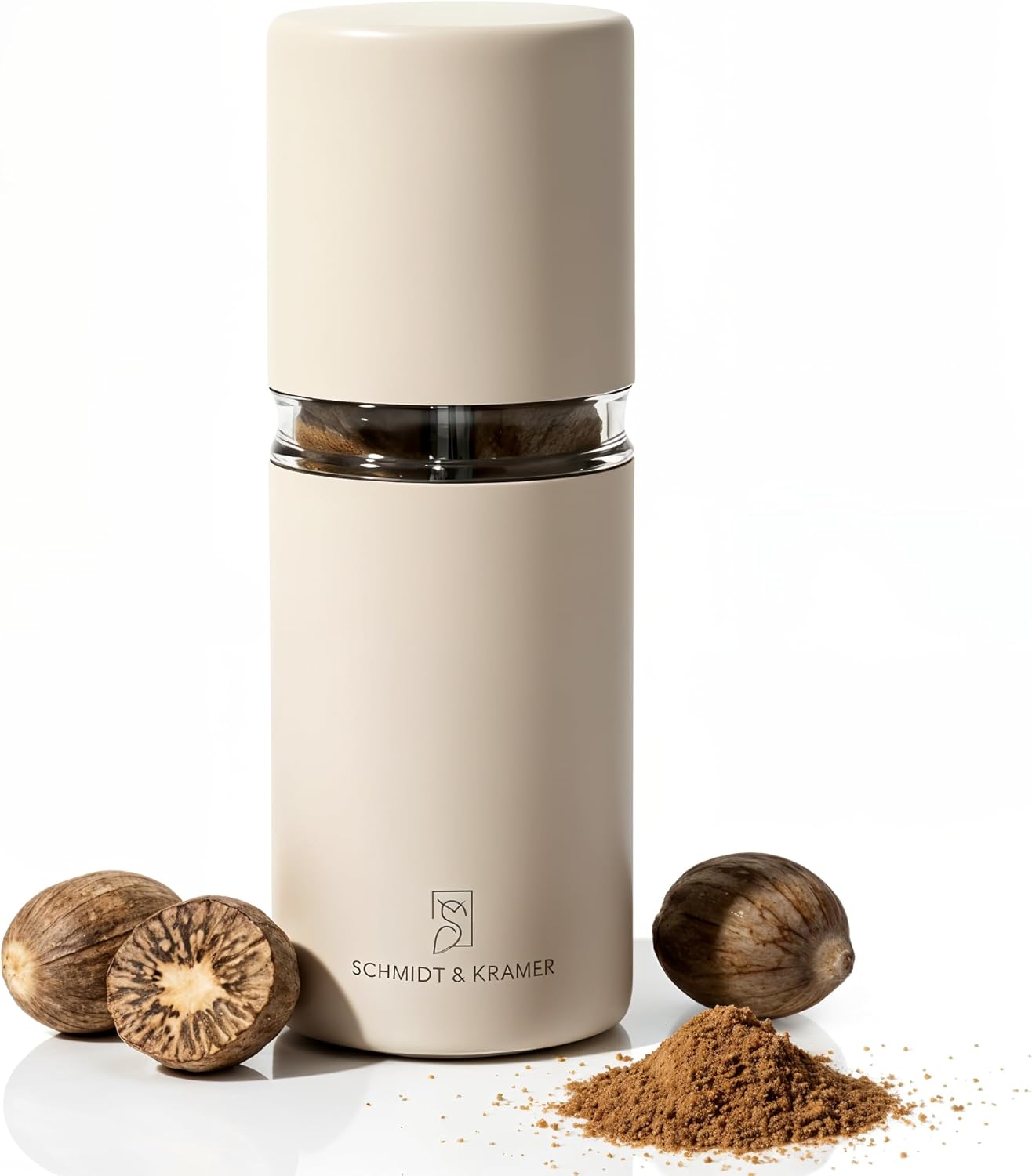 SCHMIDT & KRAMER Nutmeg Mill, High-Quality Nutmeg Mill Made of Stainless Steel with Storage Container, Sharp Steel Grinder to Enjoy Fresh Nutmeg Flavors Effortlessly (Sand)