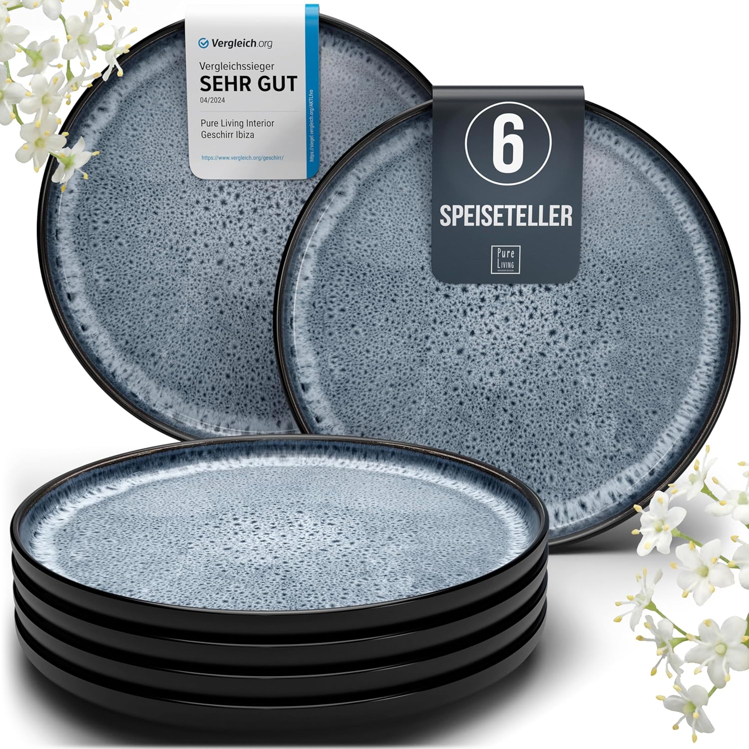 Pure Living Ibiza Large Stoneware Plates for 6 People, Mediterranean Dinner Plate Set, ‘Very Good’ in Test, Dishwasher and Microwave-Safe, Scratch-Resistant, Stylish Dinner Plate Set, Smoke Blue