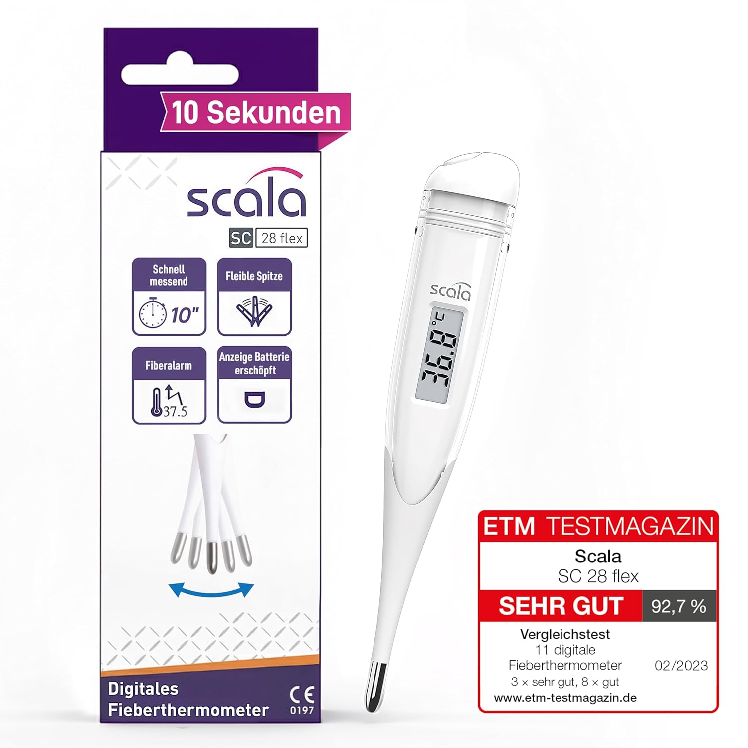 scala Store scala SC 28 flex Digital Fever Thermometer - 10 Seconds Measuring Time, Flexible Tip, Fever Alarm, Waterproof - Oral, Rectal & Axillary - White - for Baby, Children & Adults