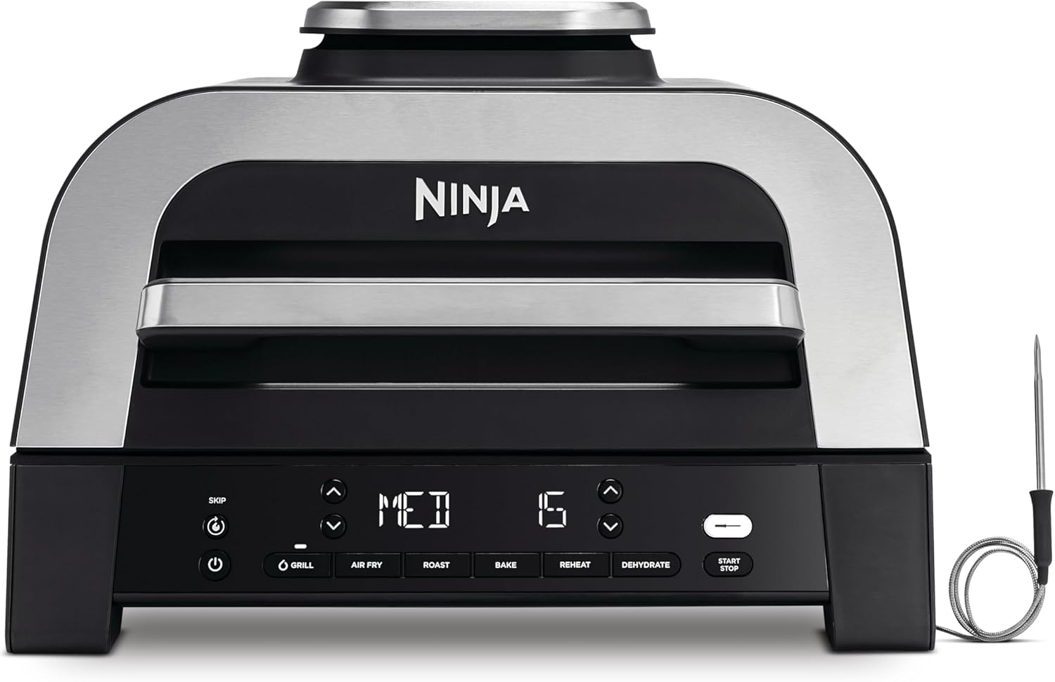 Ninja MAX DG551EU 6-in-1 Indoor Grill & Hot Air Fryer, 6 Cooking Functions, Holds up to 6 Burgers, 3.8L Capacity, Low Smoke, Includes Digital Roasting Thermometer, Grey/Silver