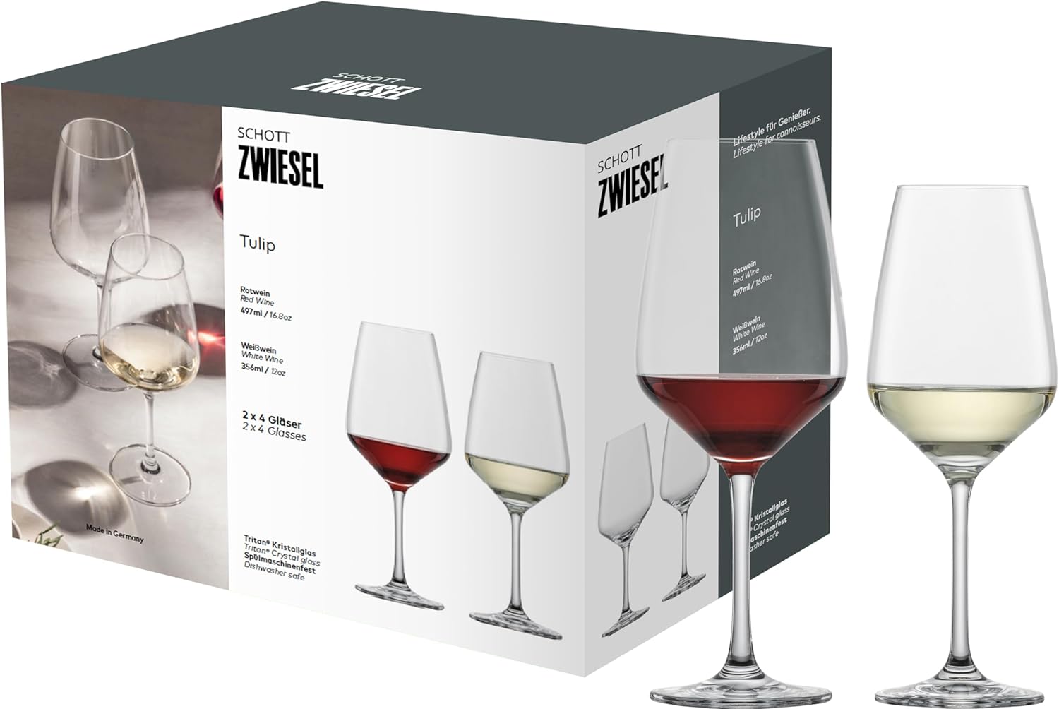 Schott Zwiesel Set of 8 Tulip Glasses, 4 White Wine Glasses and Red Wine Glasses, Dishwasher Safe Tritan Crystal Glasses, Made in Germany (Item No. 124094)