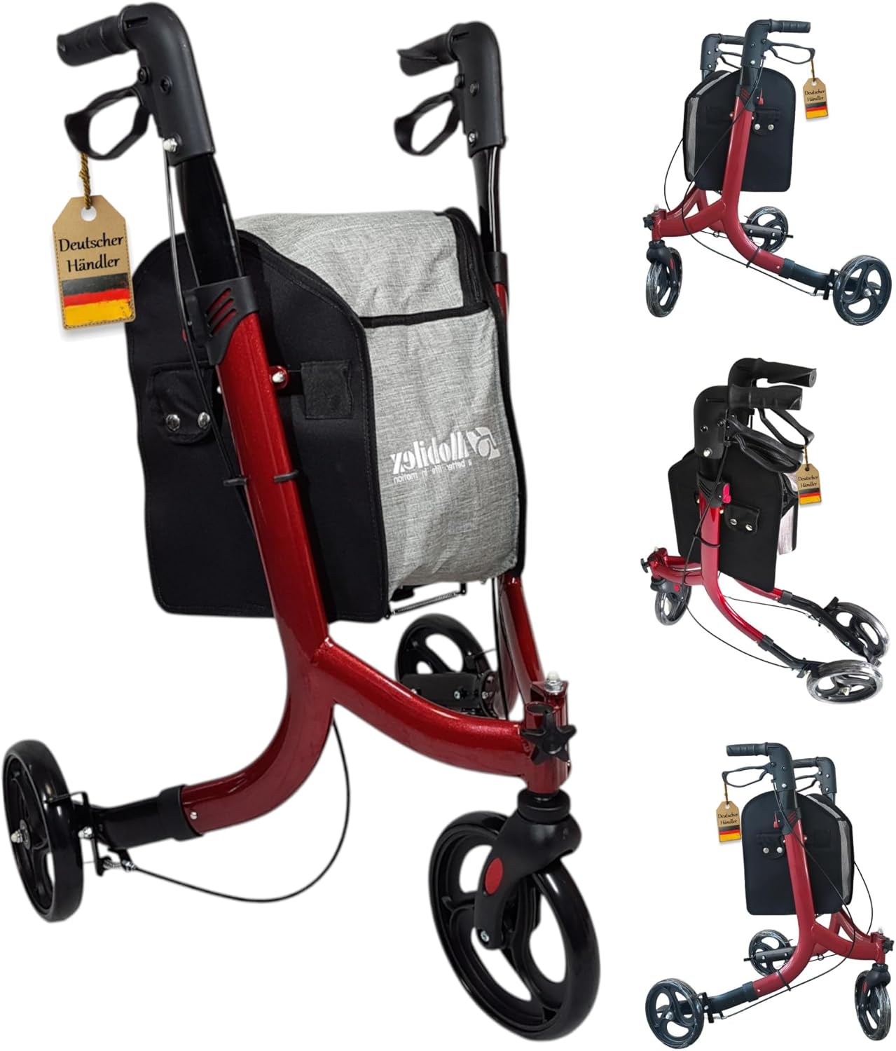 FabaCare Tricycle Rollator Lemur Delta Rollator Very Agile Foldable Shopping Bag Wine Red