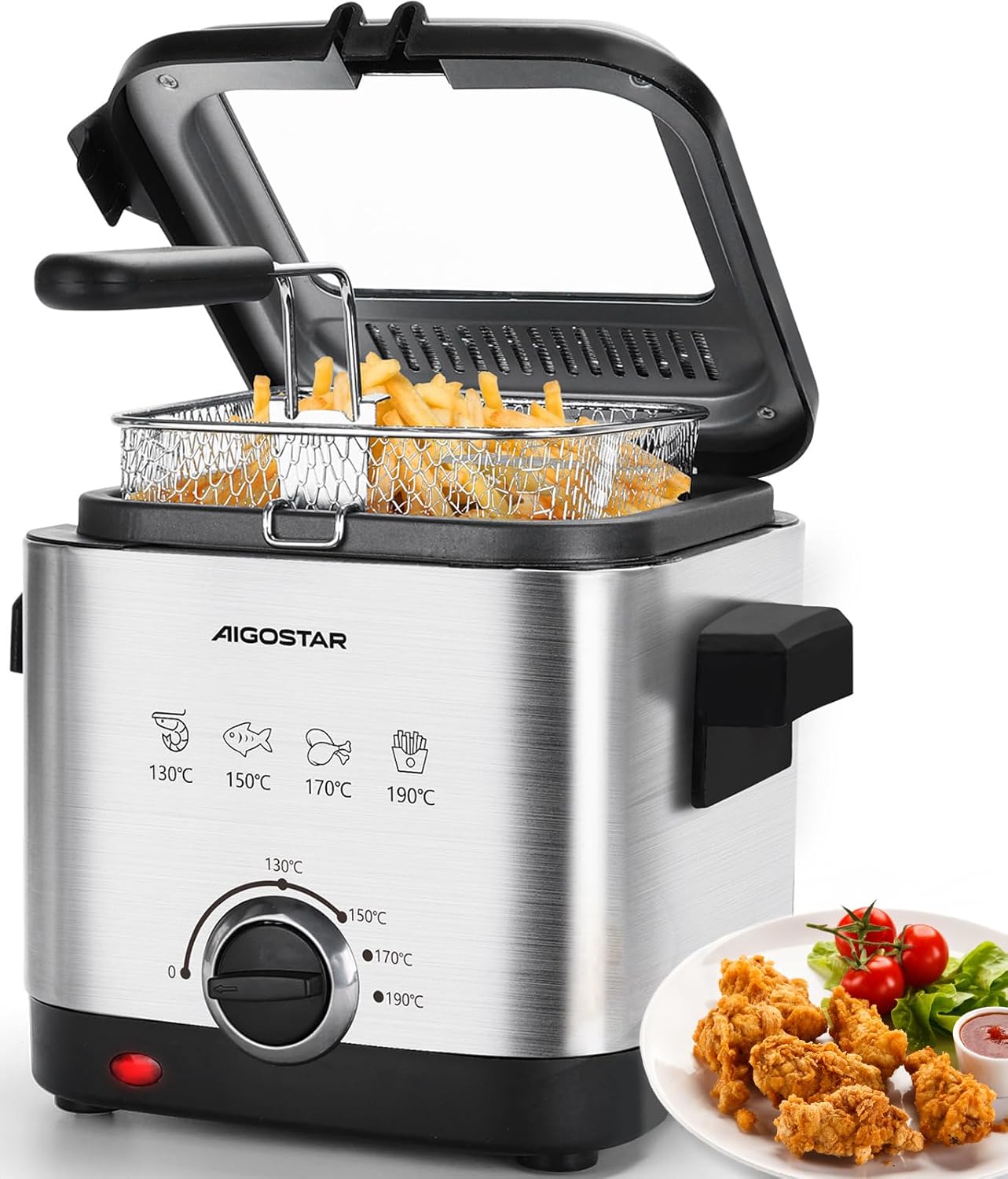 Aigostar Fries 3000041ZD - Mini Fryer, Temperature Control and Removable Lid, Viewing Window, Easy Clean, Stainless Steel Basket, 1.5 Litre Capacity, 900 W -