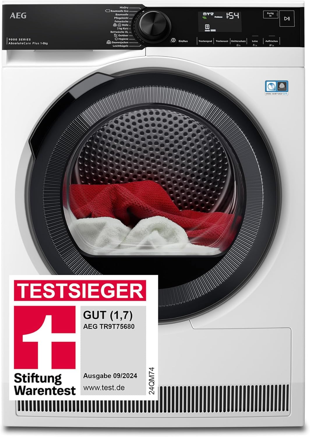 AEG Heat Pump Dryer 8 kg, Series 9000 AbsoluteCarePlus Down Drying, Test Winner of Stiftung Warentest, 3D Scan Residual Moisture Determination, A+++, Energy Saving, Drum Lighting, TR9T75680