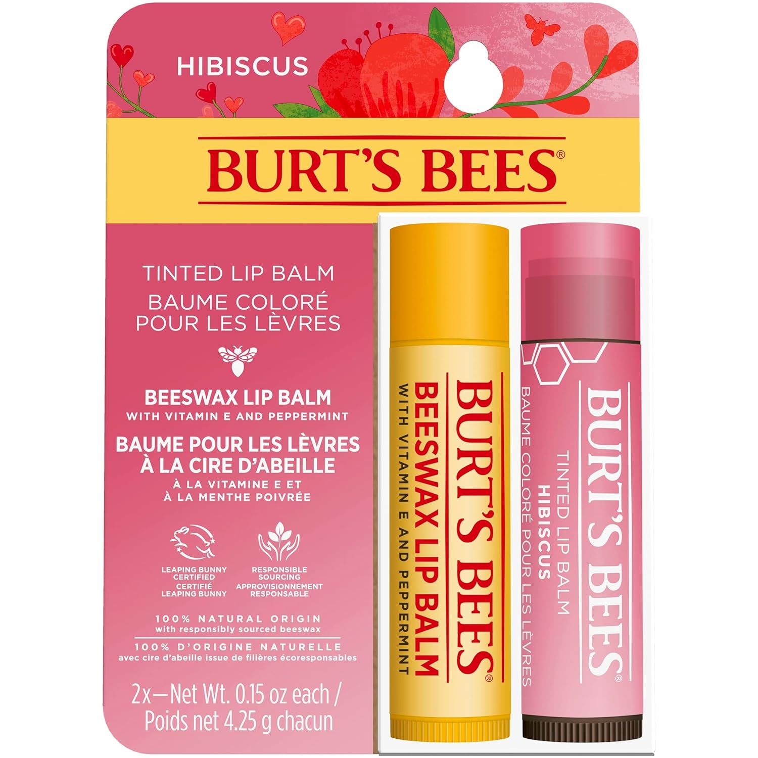 Burt\'s Bees Burt \ 's Bees Lip Care in Multipack, Beeswax Lip Balm and Tinted Hibiscus Lip Balm, Cheap Pack of 2, 2 x 4.25 g