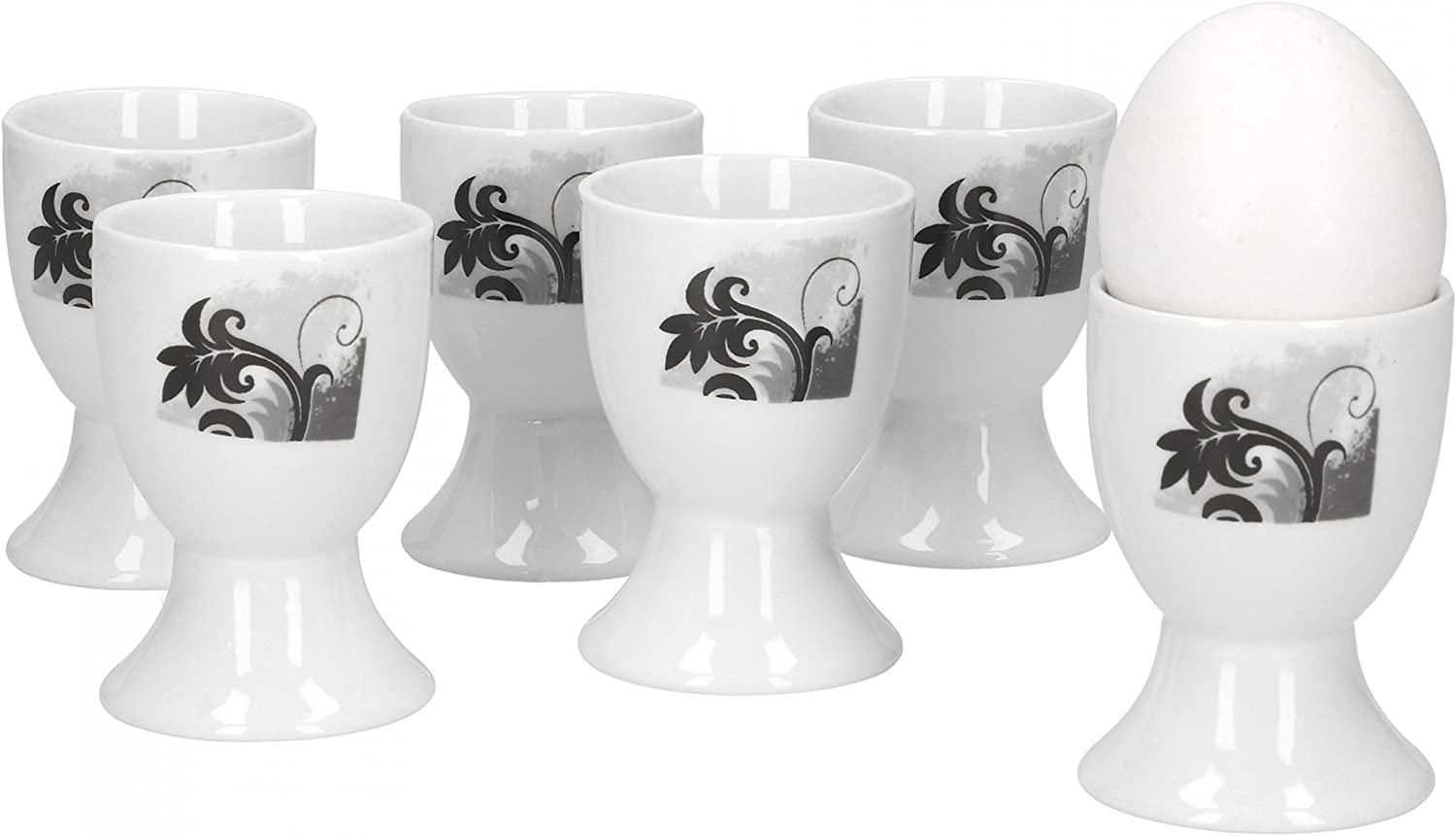 Van Well Set of 6 round egg cups, black flower, diameter 5 cm, height 7 cm, high egg stand, elegant porcelain cup, egg cup, modern decor