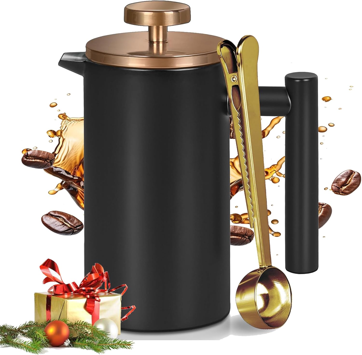 Stainless Steel French Press Coffee Press, 1000 ml, Double-Walled, Insulated French Press, for Coffee and Tea, with 3 Additional Sieves and a Coffee Spoon, 34 oz, Black