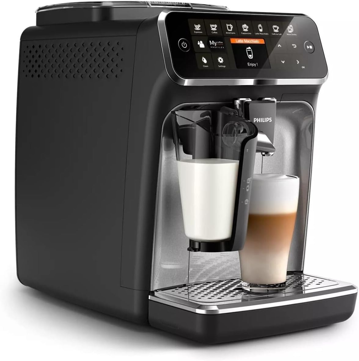Philips Domestic Appliances Philips Espresso machine Series 4300 - 5 Coffee Specialities - Classic milk frother - Intuitive touch display - 2 Usage profiles - 1.8 l Water tank - 275 g Bean tank - EP4321/50
