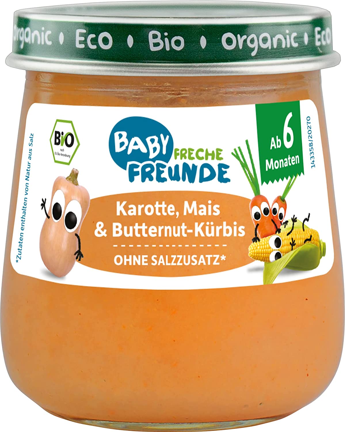 BABY FRECHE FREUNDE Bio Gläschen Karotte, Mais & Butternut-Kürbis, Bio-Gemüsepüree mit Olivenöl für Babys ab 6 Monaten, ohne Zucker- und Salzzusatz, vegan, 6er Pack (6x120g)