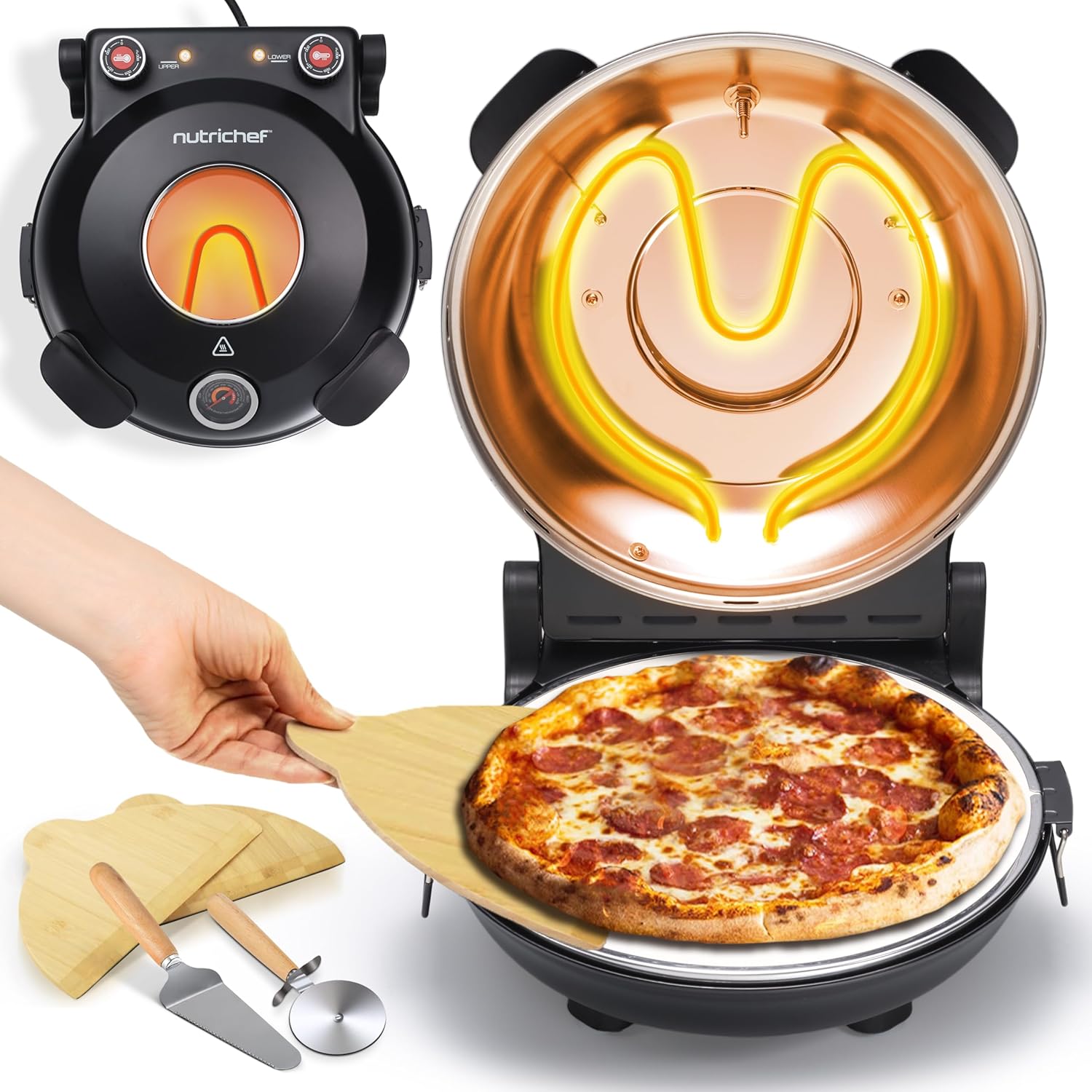 NutriChef Electric Pizza Oven 12" Countertop with Temperature Control and Thermometer, Viewing Window for Precise Cooking, Heating up to 800F, Non-Stick Stone
