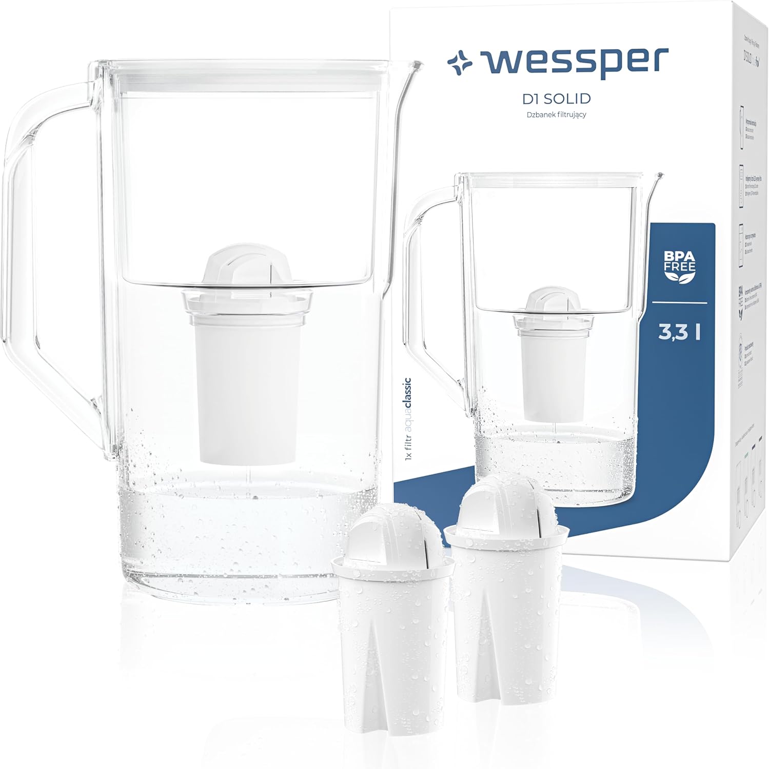 Wessper Water Filter Jug 2.8 L Aqua Classic Basic, Set Water Jug and 2 Filters Compatible with Brita Classic, Water Filter System Reduction of Limescale, Chlorine - White