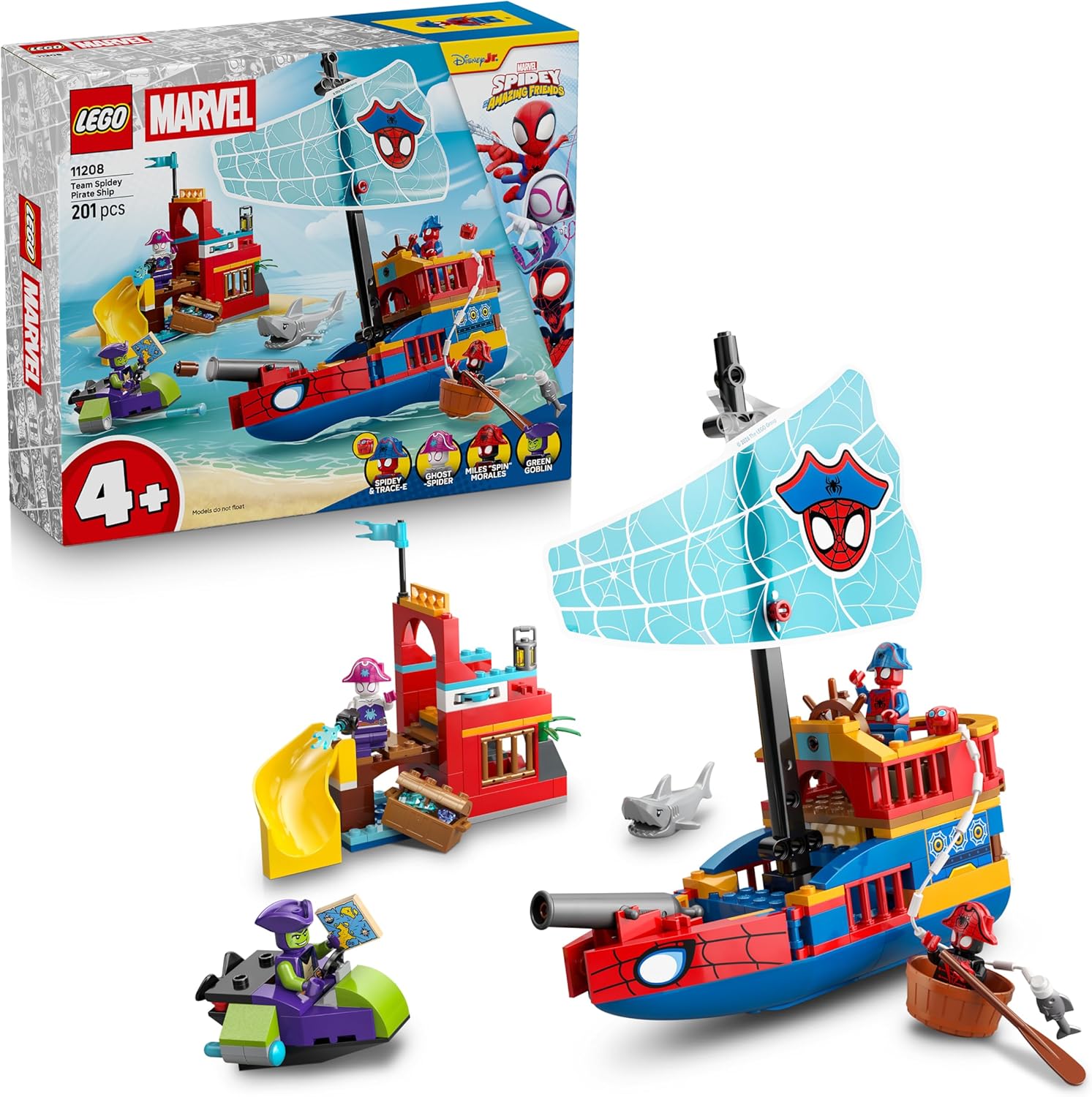 LEGO Spideys Team Pirate Ship Superhero Set with a Ship Model, 2 Boats, 4 Mini Figures - Gift for Boys from 4 Years and Fans of the Spidey and His Super Friends Series - 11208