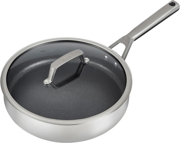 Ninja ZEROSTICK Stainless Steel Cookware, 26 cm, Sauté Pan with Glass Lid, Durable, Non-Stick, Induction Safe, Oven Safe to 500 F, Stainless Steel Handle, C60126UK
