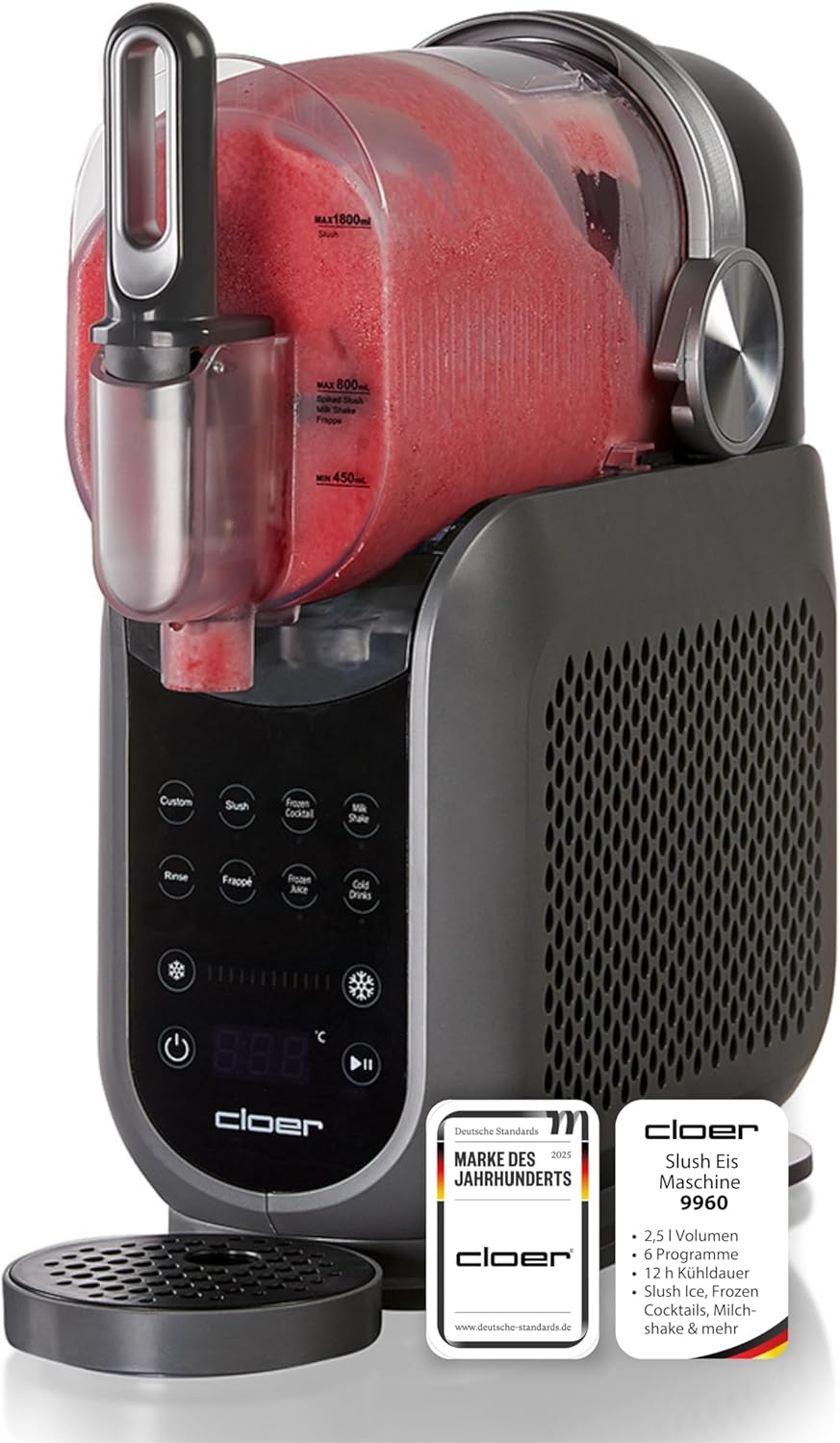 Cloer Store Cloer 9960 Slush Ice Cream Machine with 2.5 L Volume, 6 Programmes and 12 Hours Cooling Time, Food Processor with Touch Control for Slush Ice, Frozen Cocktails, Milkshake, Frozen Juice & Cold Drinks