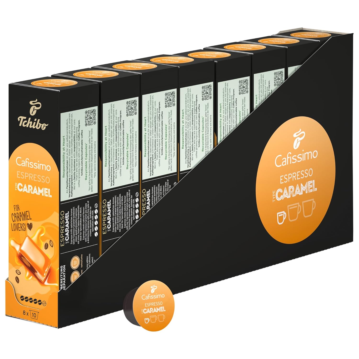 Tchibo Store Tchibo Cafissimo Storage Box Espresso Caramel Coffee Capsules, Pack of 80 - 8 x 10 Capsules (Espresso, Expressive with Cream Caramel Note), Sustainable & Fair Trade, Flavoured Edition