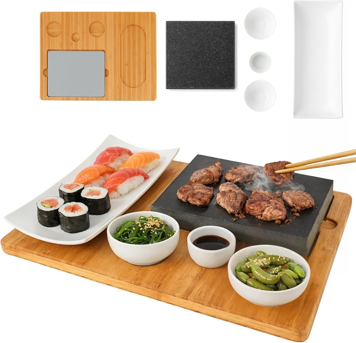 Lava Stone Steak Board, Serving Plate, Bamboo Board with Hot Stone Grill, Steak Grill Plate, Stone Plate, Table Grill Set