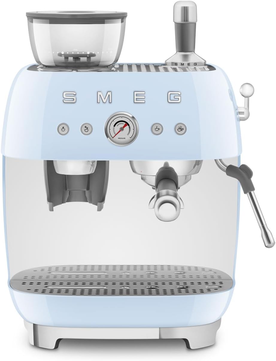 Smeg, EGF03PBEU Manual Espresso Machine with Integrated Coffee Grinder, Thermoblock, 4 Temperature Levels, Steam Nozzle and Pressure Gauge, 1L Tank, Compact Size, 1350W, Cream, Pastel Blue