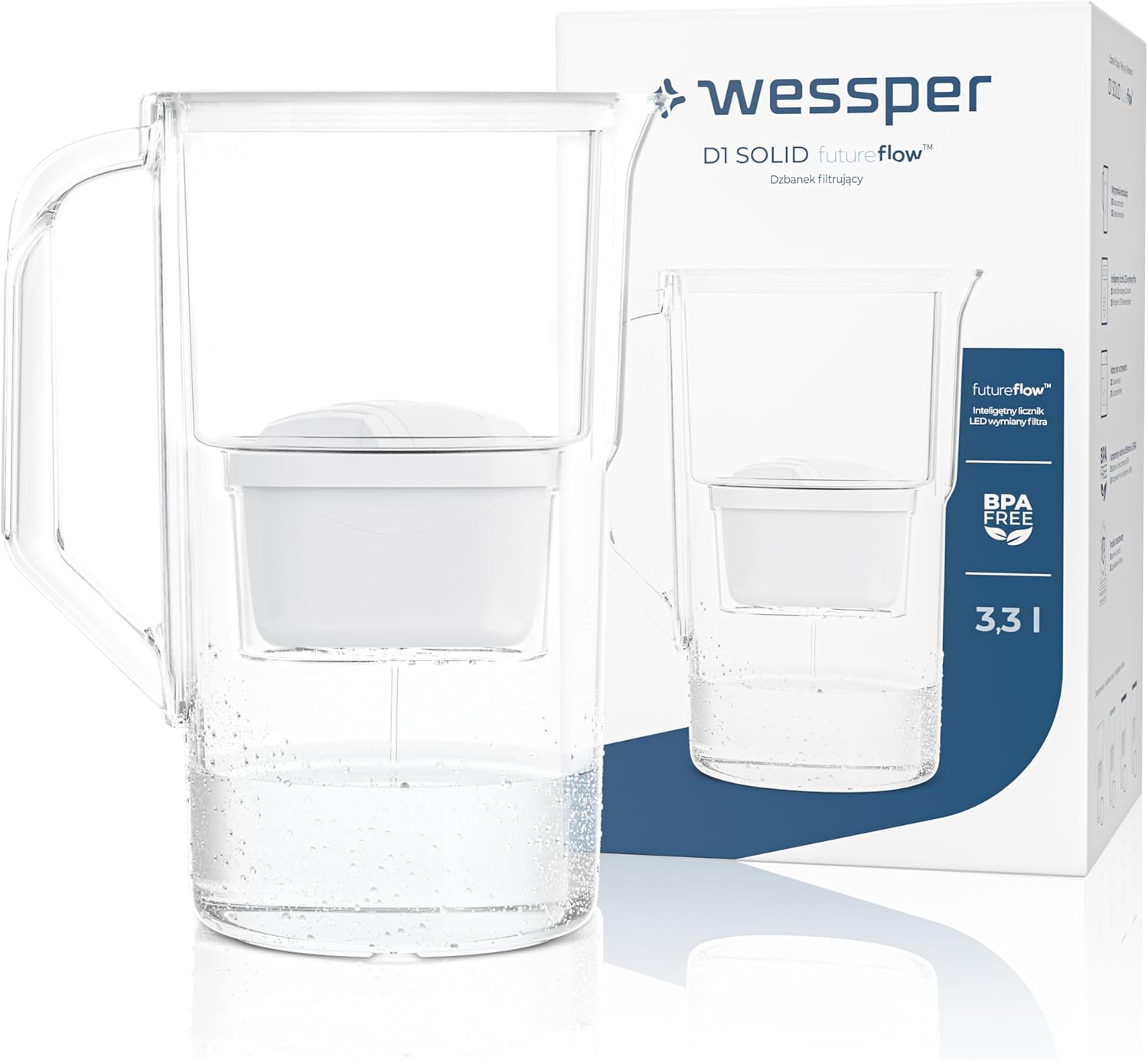 Wessper Water Filter Jug 2.8 Liters with LED Counter, Water Carafe with Filter, Activated Carbon Cartridge Water Filter Reduces Limescale and Chlorine, BPA-Free Water Filter Jug - White