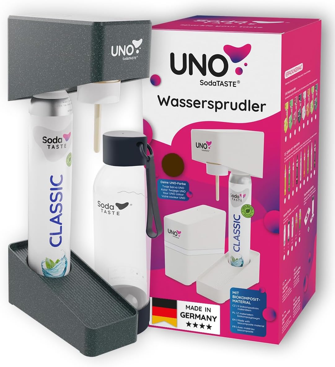 SodaTASTE Store UNO Water Carbonator - Modular & Without Electricity | Compatible with All CO₂ Cylinders with Standard Rotary Thread | Set Including 1L Water Bottle & CO₂ Cylinder (Classic/Aroma) & Bottle Dryer