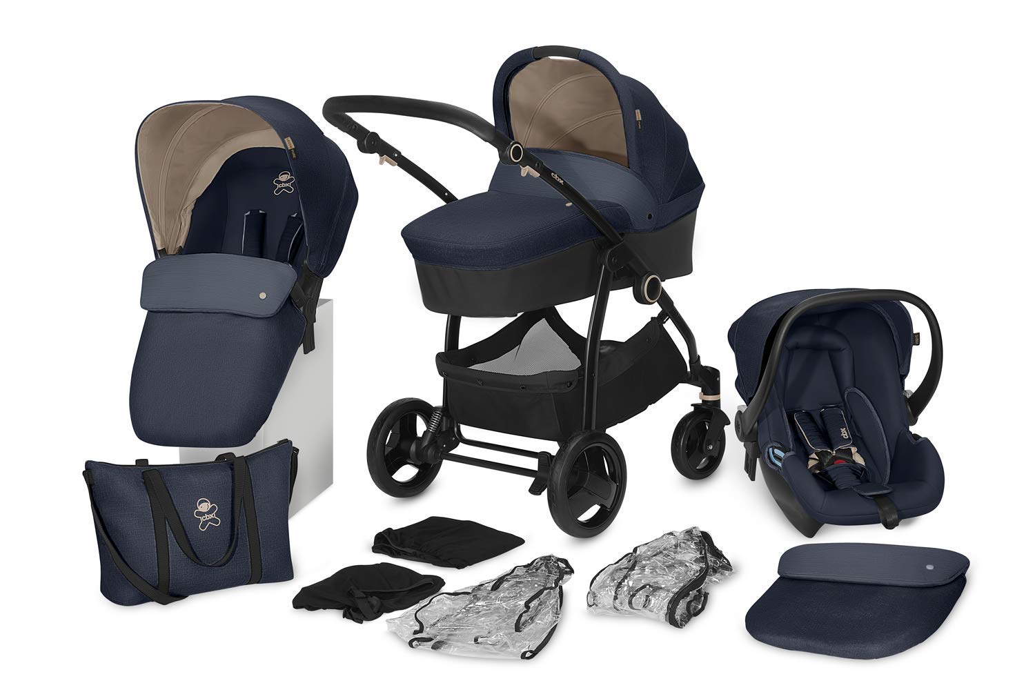 cbx 3-in-1 Leotie Pure 12-Piece Combi Pushchair Set with Shima Baby Seat, Reversible Seat Unit, Folding Baby Cot, 2x Rain Covers, 2x Mosquito Nets, Changing Bag, from Birth to 15 kg, Anthracite