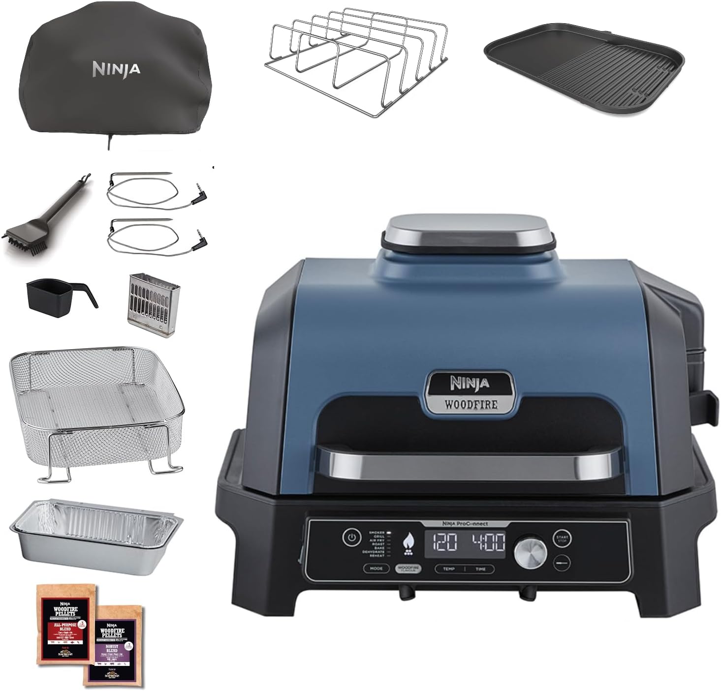 Ninja Woodfire Pro Connect XL Electric BBQ Grill & Smoker with App Control, 2 Digital Probes, Rib Rack, Cover, Liners & Cleaning Brush, Large 7-in-1 Outdoor Grill & Air Fryer, Blue & Black OG901EUAMZ