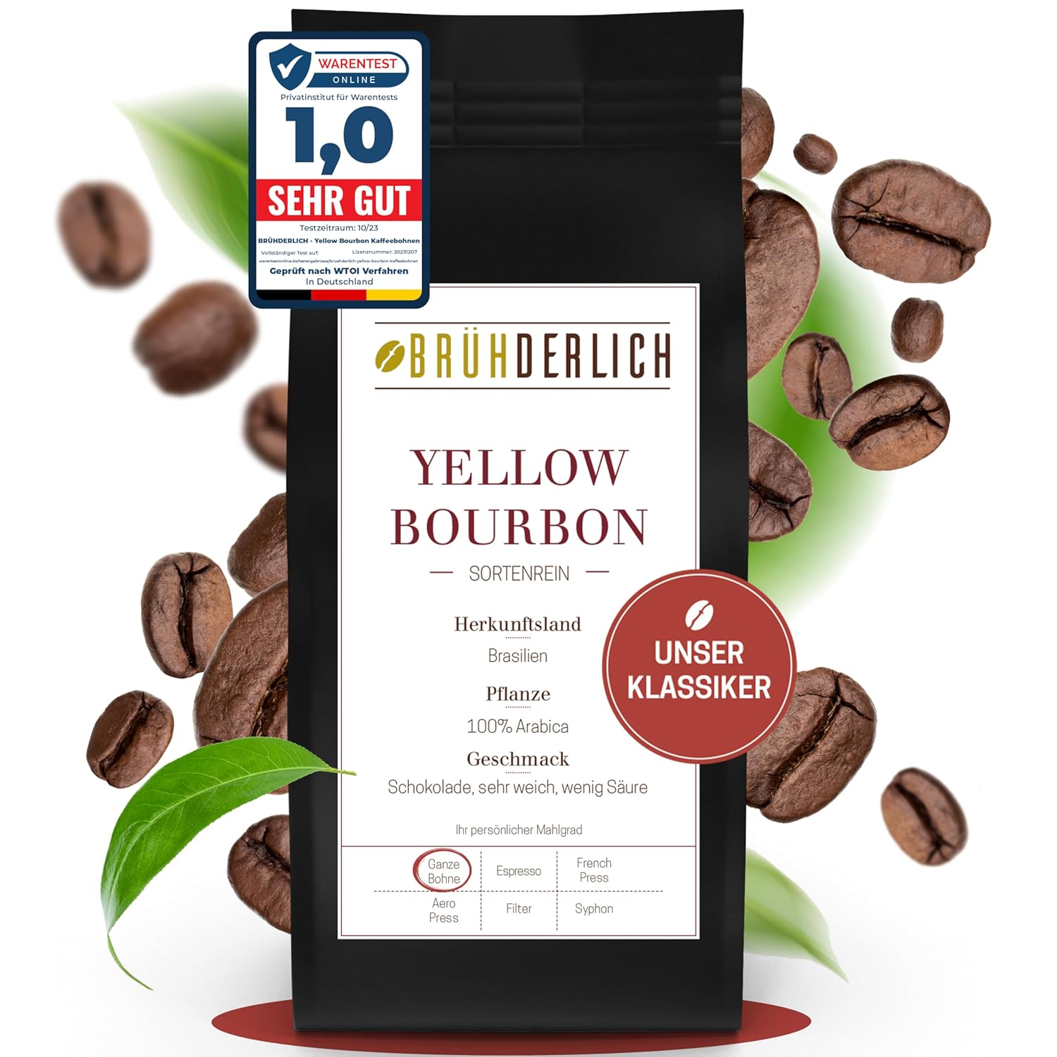 BRUHDERLICH Yellow Bourbon Premium Arabica Coffee Beans Low Acid (500 g) - Special Coffee Beans from Brazil - Harmonious Base Sweet and Soft Aroma - Coffee Beans - Exceptionally Mild