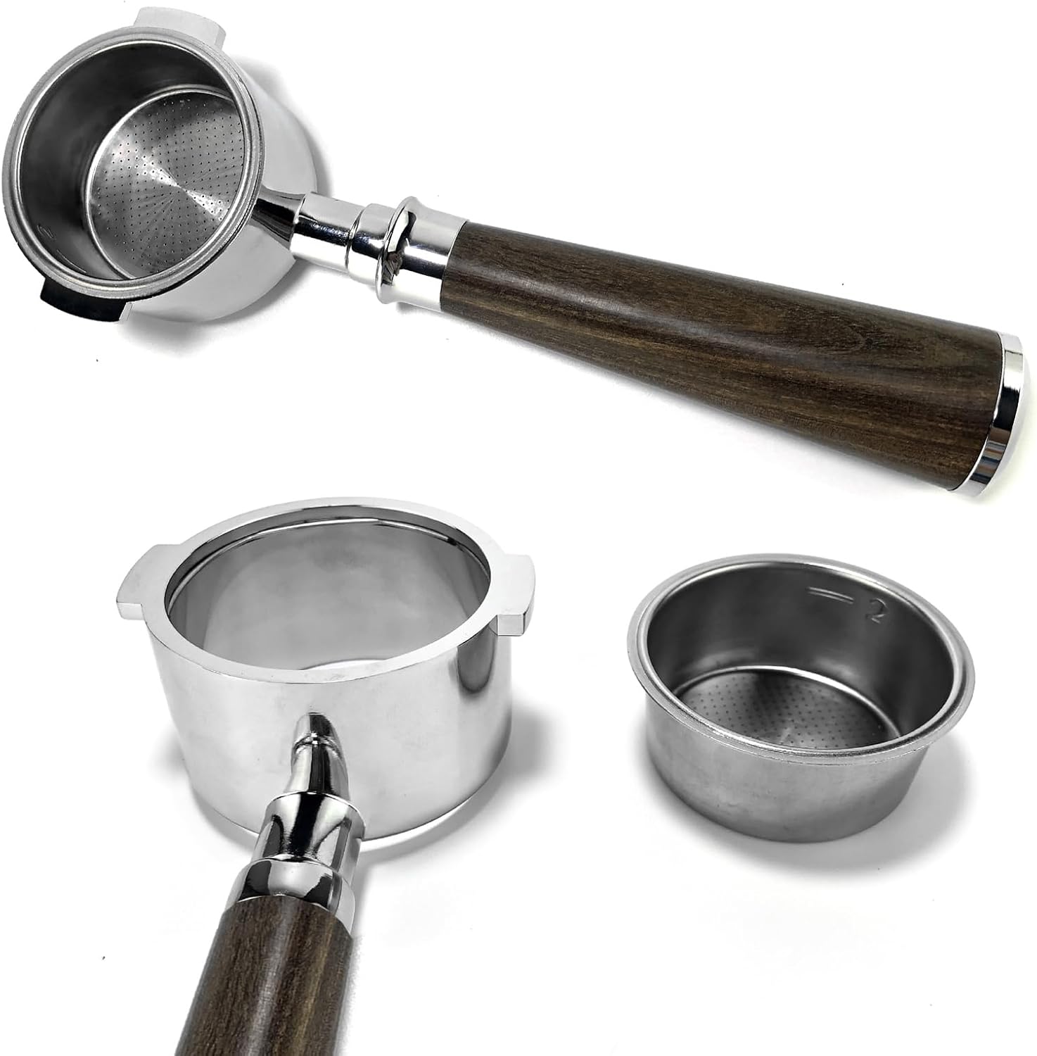 Davonpha Bottomless Portafilter 51 mm 2 Ears - Compatible with ECP3420, EC155, BCO430, EC260 - Walnut Wood Handle & Stainless Steel 304 Filter Basket (2-Way)