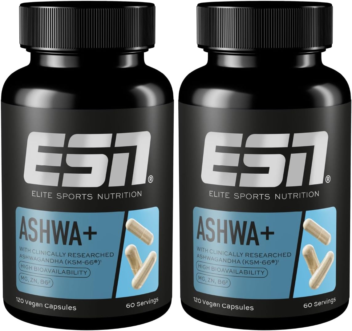 ESN Ashwa+, Ashwagandha High Dose, Patented KSM 66, 2 x 120 Capsules, with Magnesium, Vitamin B6 and Zinc, Made in Germany