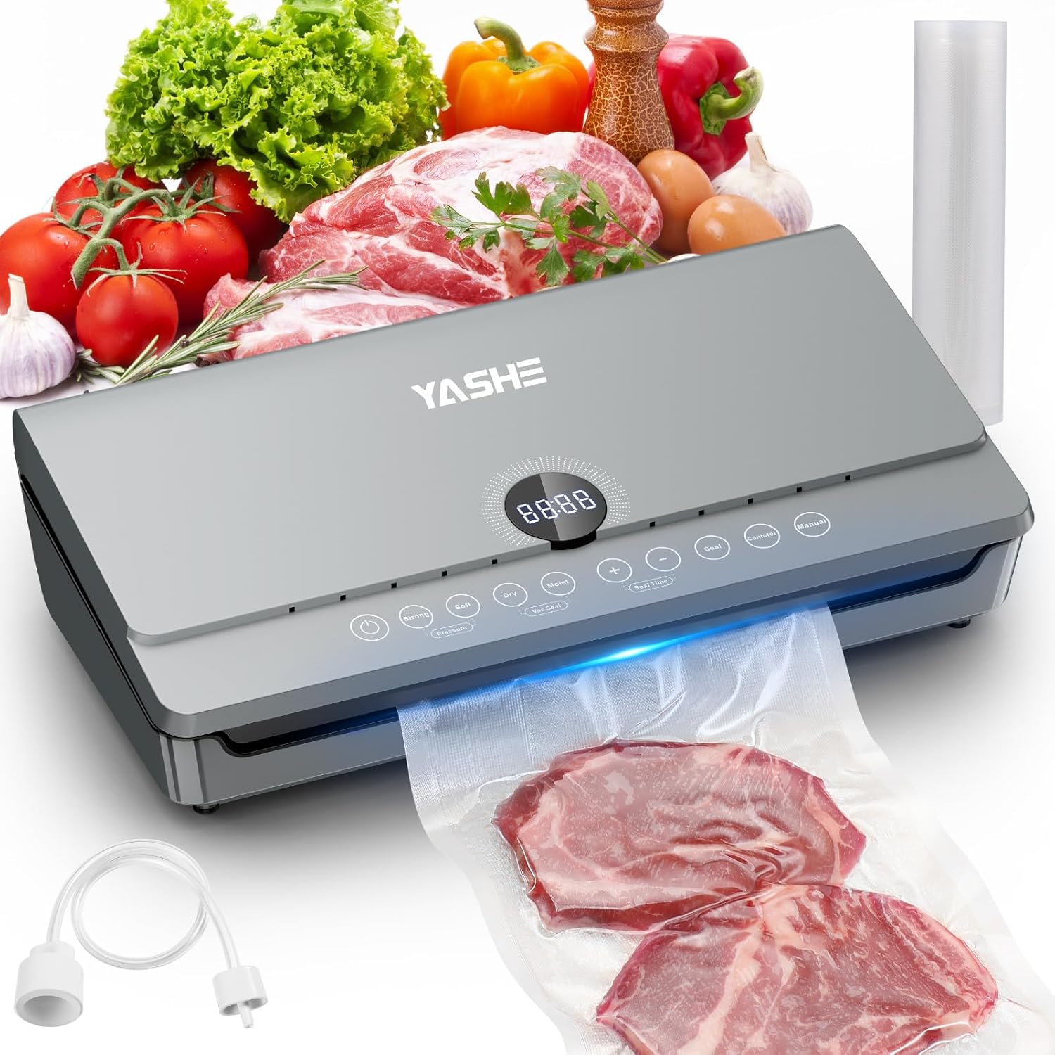 80KPA Vacuum Sealer with Magnetic Lid, 10-in-1 Vacuum Sealer with Double Weld and Double Piston Pump, Vacuum Hose, Integrated Roll Storage, Vacuum Device for Food