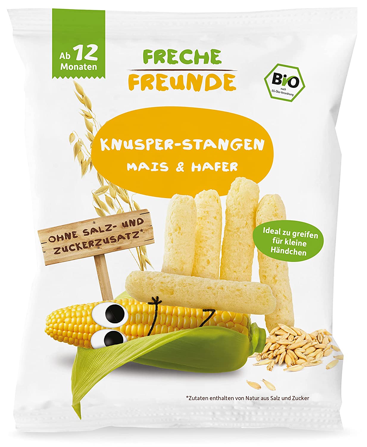 FRECHE FREUNDE Bio Knusper-Stangen Mais & Hafer, Knabberzeug für Babys und Kinder ab 12 Monaten, ohne Salz- und Zuckerzusatz, 6er Pack (6x30g)