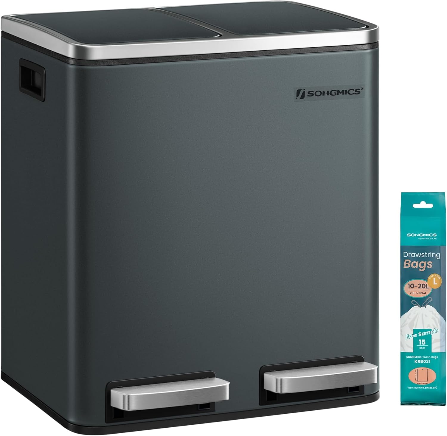 Songmics 30L Kitchen Rubbish Bin, Metal Pedal Bin with Inner Bin and Handle, Waste Separation System, 2 x 15-Litre, Soft Close, Airtight