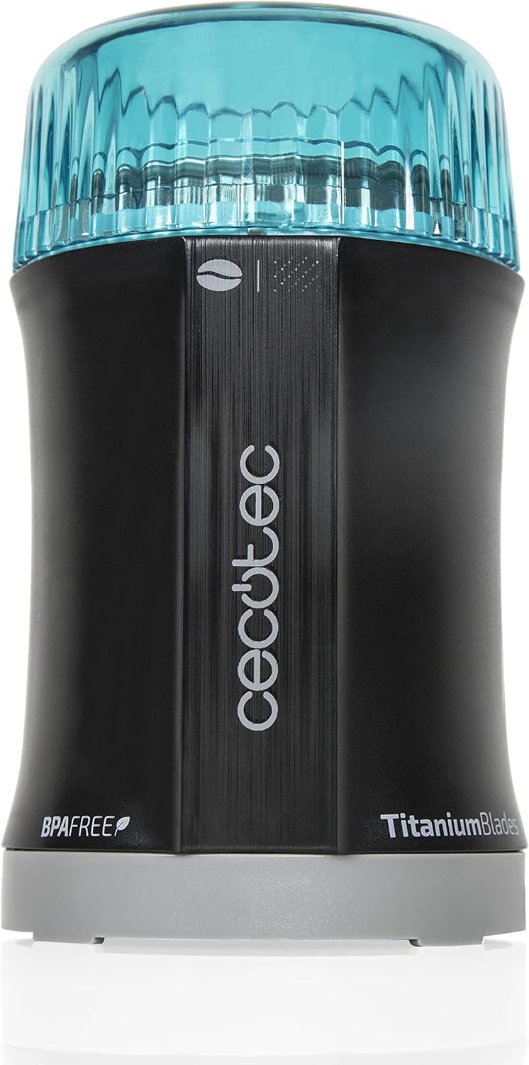 Cecotec TitanMill Electric Mill 200 W for Coffee Beans Spices Grain Mill Pulse Button Extra Sharp Titanium Coated Stainless Steel Blades 50 g for 10 Cups BPA Free Black with Aquamarine