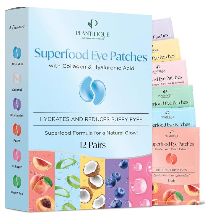 Plantifique Superfood Eye Pads Pack of 12 - Eye Pads Against Dark Circles and Puffiness with Green Tea, Collagen, Aloe Vera and Blueberries