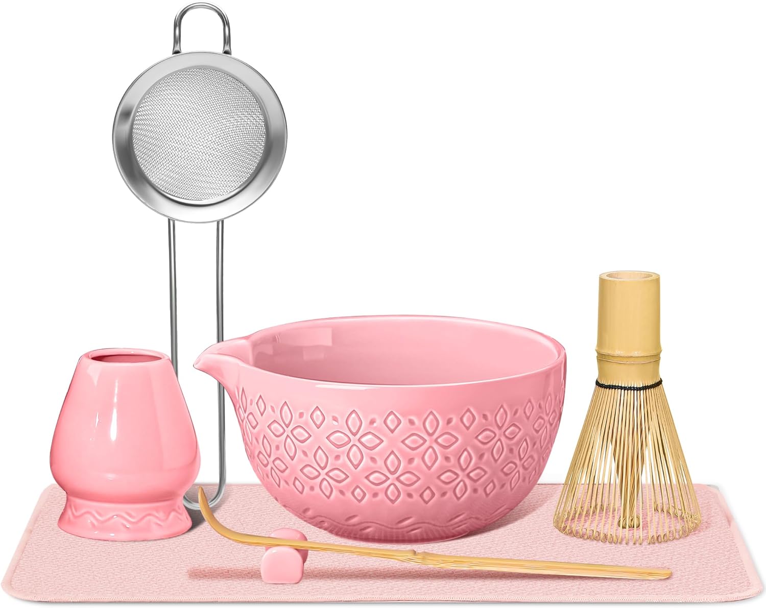 Matcha Set, Matcha Bowl with Spout, 7 Pieces Matcha Accessories, Matcha Tea Set for Preparing Latte Coffee, Matcha Broom Set and Bowl with Spoon & Strainer