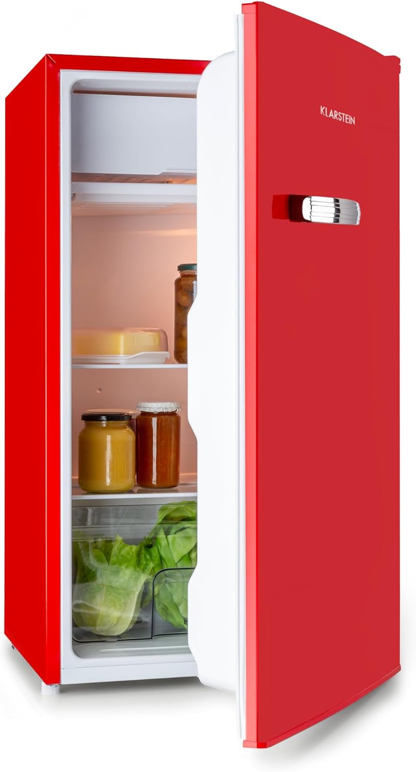 Klarstein Beercracker 90 Liter Fridge Volume 90 L Energy Efficiency Class E Freezer Vegetable Compartment 3 Door Compartments Bottle Opener on Device 2 Glass Shelves Red