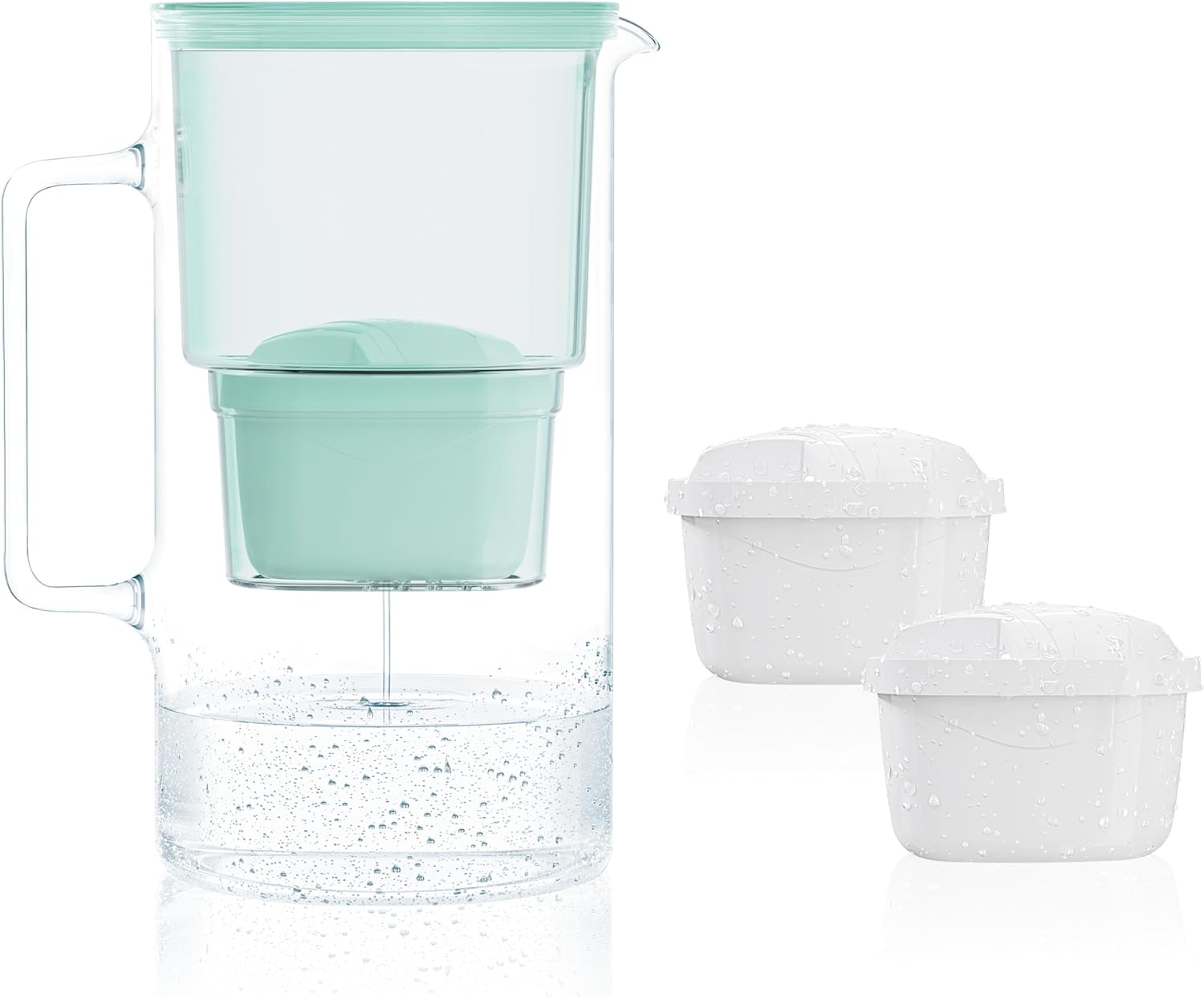 Wessper Water Filter Jug Glass 3 L, Set Water Jug and 2 Filter Cartridges, Compatible with Brita Maxtra, Water Carafe for Drinking Water with Replacement Filter - Mint