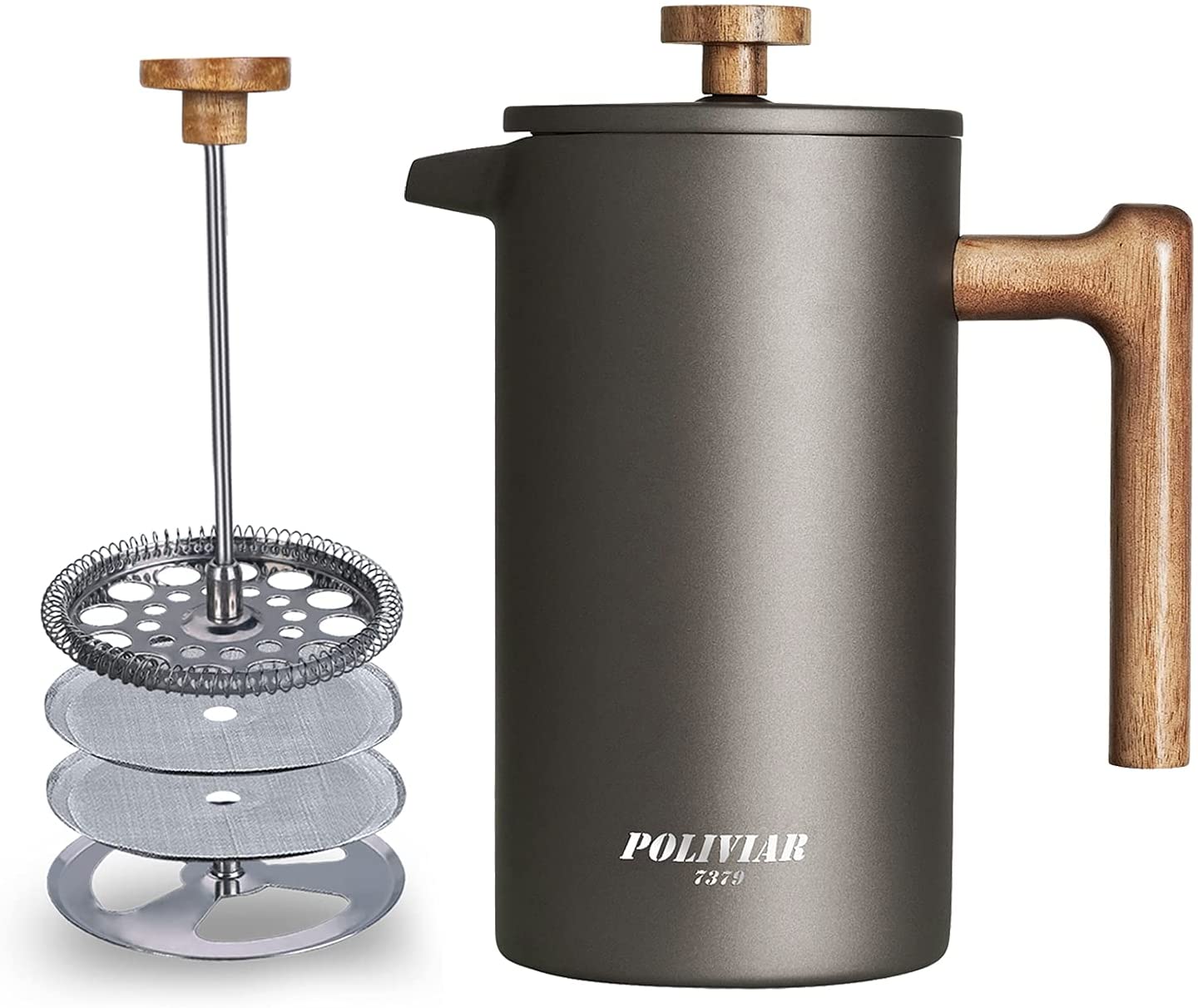 POLIVIAR 7379 Poliviar French Press Coffee Maker 1 Litre / 8 Cups, Double-Walled Insulated Coffee Pot and Tea Maker, Hand Filter Coffee Press with Plunger and Wooden Handle, Vintage (Black) JX2019-FPB10-DE