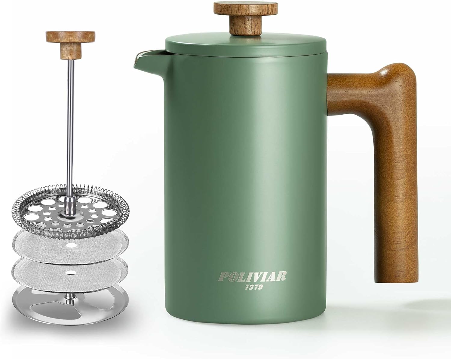 Poliviar French Press Coffee Maker 600 ml/21 oz, Double-Walled Insulated Coffee Pot and Tea Maker, Hand Filter Coffee Press with Plunger & Wooden Handle, Flatland (Green)