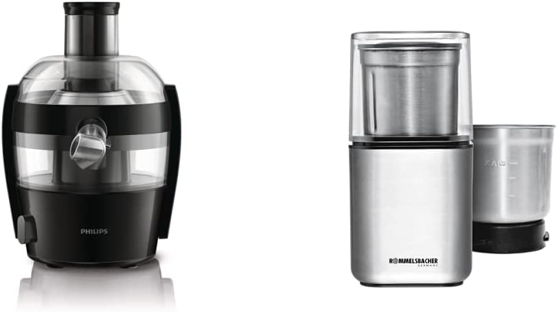 Philips Domestic Appliances Entsafter (HR1832/00) & ROMMELSBACHER Gewürz und Kaffee Mühle EGK 200 - 2 Edelstahlbehälter mit Schlagmesser & Spezialmesser, Füllmenge 70 g, Mahlgrad wählbar, 200 Watt