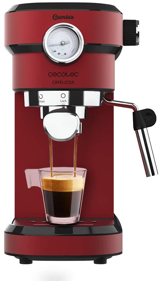 Cecotec Cafelizzia 790 White Coffee Machine for Espresso and Cappuccino, with Fast Thermal Block Heater, 20 Bar, Auto Mode for 1 and 2 Coffeees, Oriental Steamer (Red, with Pressure Gauge)